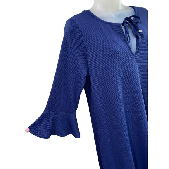 Tommy Bahama Navy Blue 3/4 Sleeve Dress W/ Flared Cuffs & Drawstring Neckline Si - Picture 8 of 11
